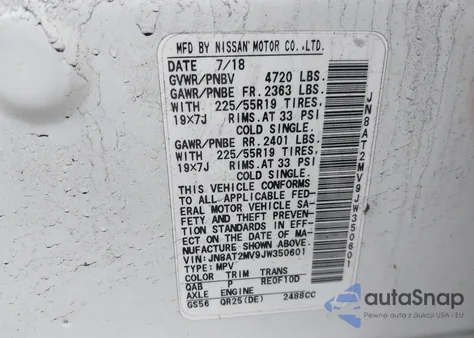 2018 Nissan Rogue Sl из США, поврежденный, VIN JN8AT2MV9JW350601